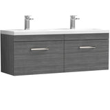 Nuie Athena 1200mm Wall Hung Double Basin Vanity Unit & Basin, 2 Drawers Anthracite Woodgrain ATH039F
