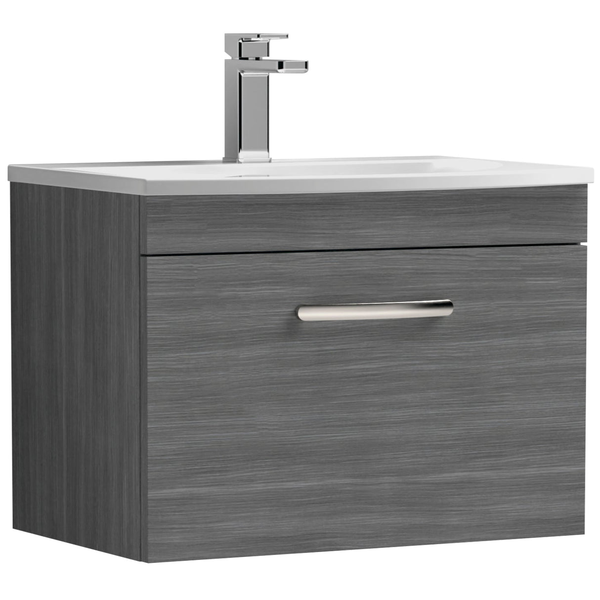 Nuie Athena 600mm Wall Hung 1 Drawer Vanity Unit & Basin Anthracite Woodgrain ATH039G