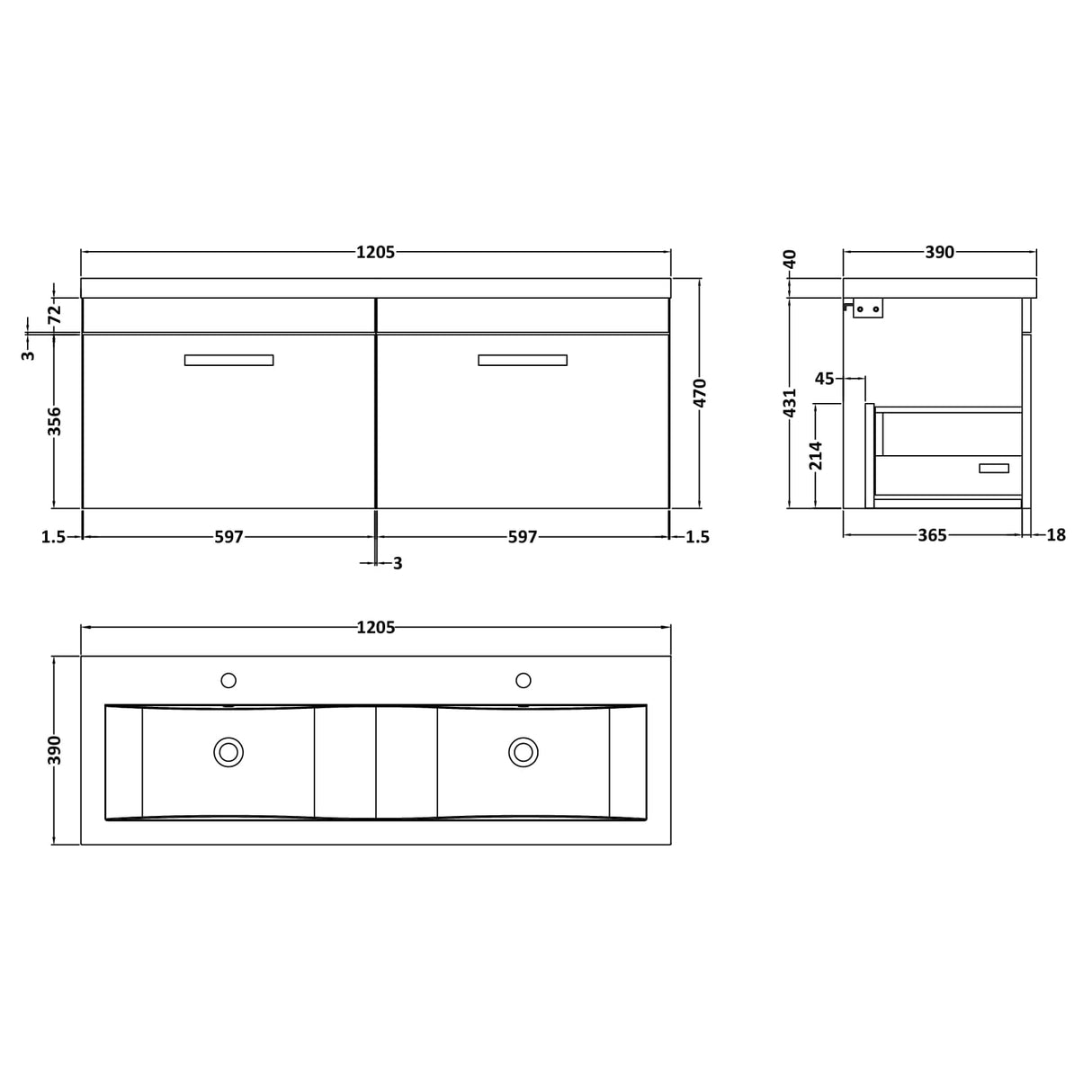 Nuie Athena 1200mm Wall Hung Double Basin Vanity Unit & Basin, 2 Drawers Charcoal Black ATH040F LD