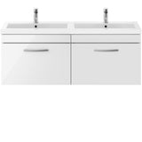 Nuie Athena 1200mm Wall Hung Double Basin Vanity Unit & Basin, 2 Drawers Gloss White ATH041C