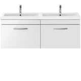 Nuie Athena 1200mm Wall Hung Double Basin Vanity Unit & Basin, 2 Drawers Gloss White ATH041F