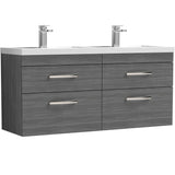 Nuie Athena 1200mm Wall Hung Double Basin Vanity Unit & Basin, 4 Drawers Anthracite Woodgrain ATH046C