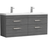 Nuie Athena 1200mm Wall Hung Double Basin Vanity Unit & Basin, 4 Drawers Anthracite Woodgrain ATH046F