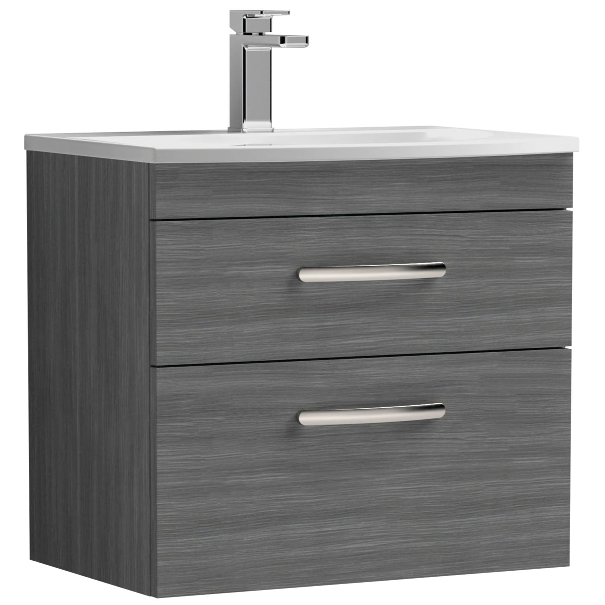 Nuie Athena 600mm Wall Hung 2 Drawer Vanity Unit & Basin Anthracite Woodgrain ATH046G