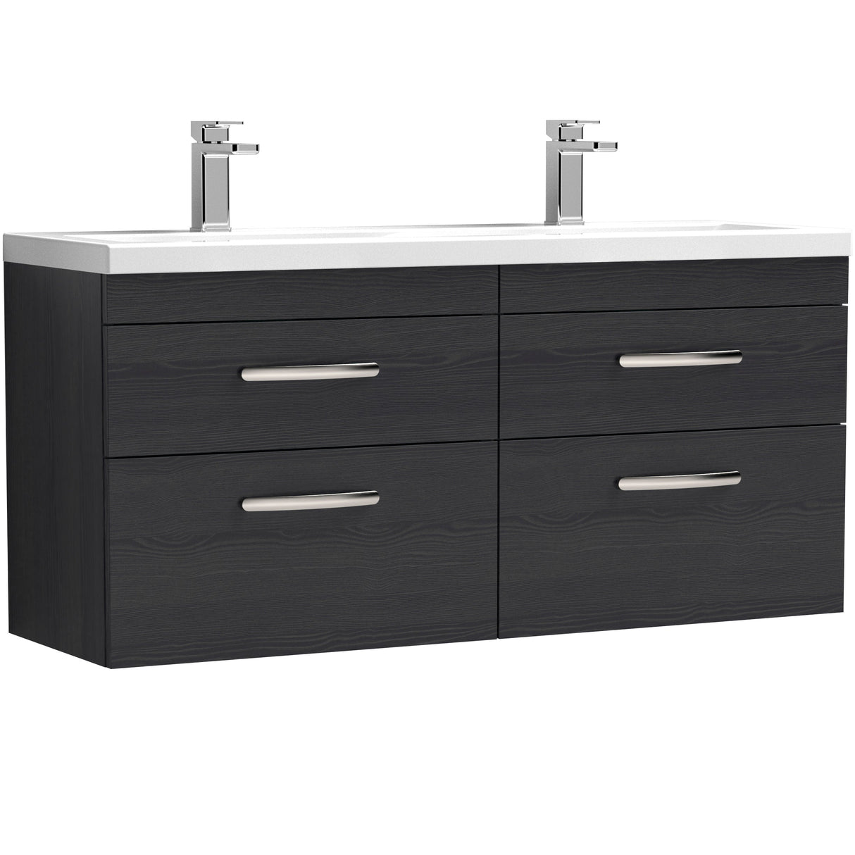 Nuie Athena 1200mm Wall Hung Double Basin Vanity Unit & Basin, 4 Drawers Charcoal Black ATH047F