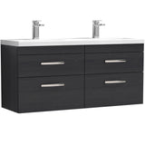 Nuie Athena 1200mm Wall Hung Double Basin Vanity Unit & Basin, 4 Drawers Charcoal Black ATH047F