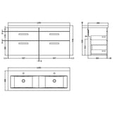 Nuie Athena 1200mm Wall Hung Double Basin Vanity Unit & Basin, 4 Drawers Charcoal Black ATH047F LD