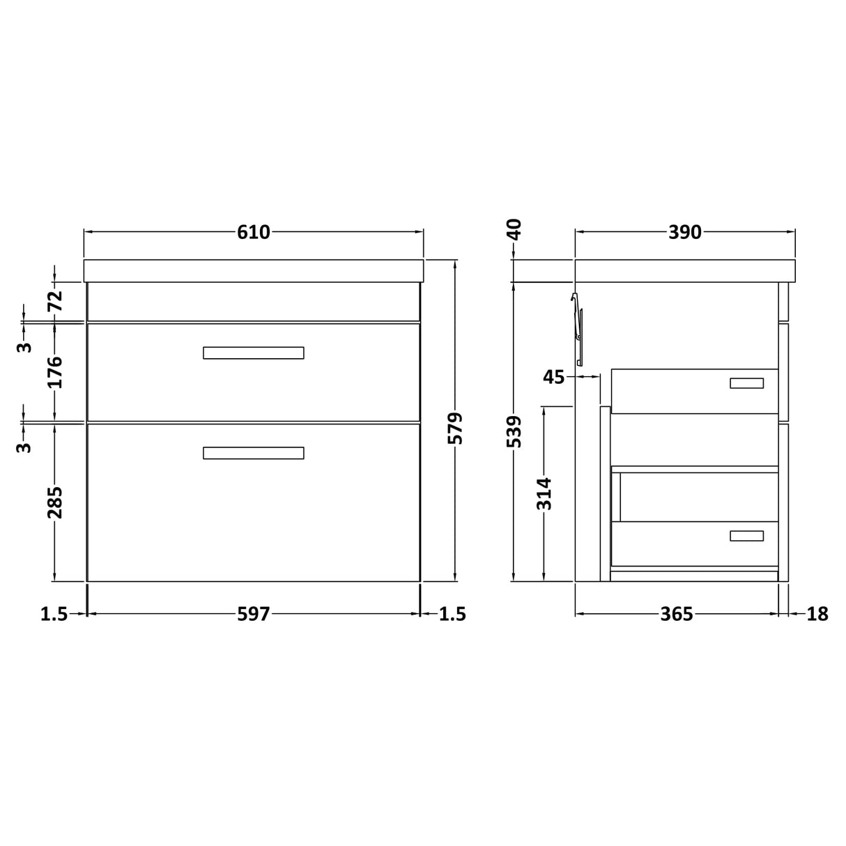 Nuie Athena 600mm Wall Hung 2 Drawer Vanity Unit & Basin Gloss White ATH048A LD