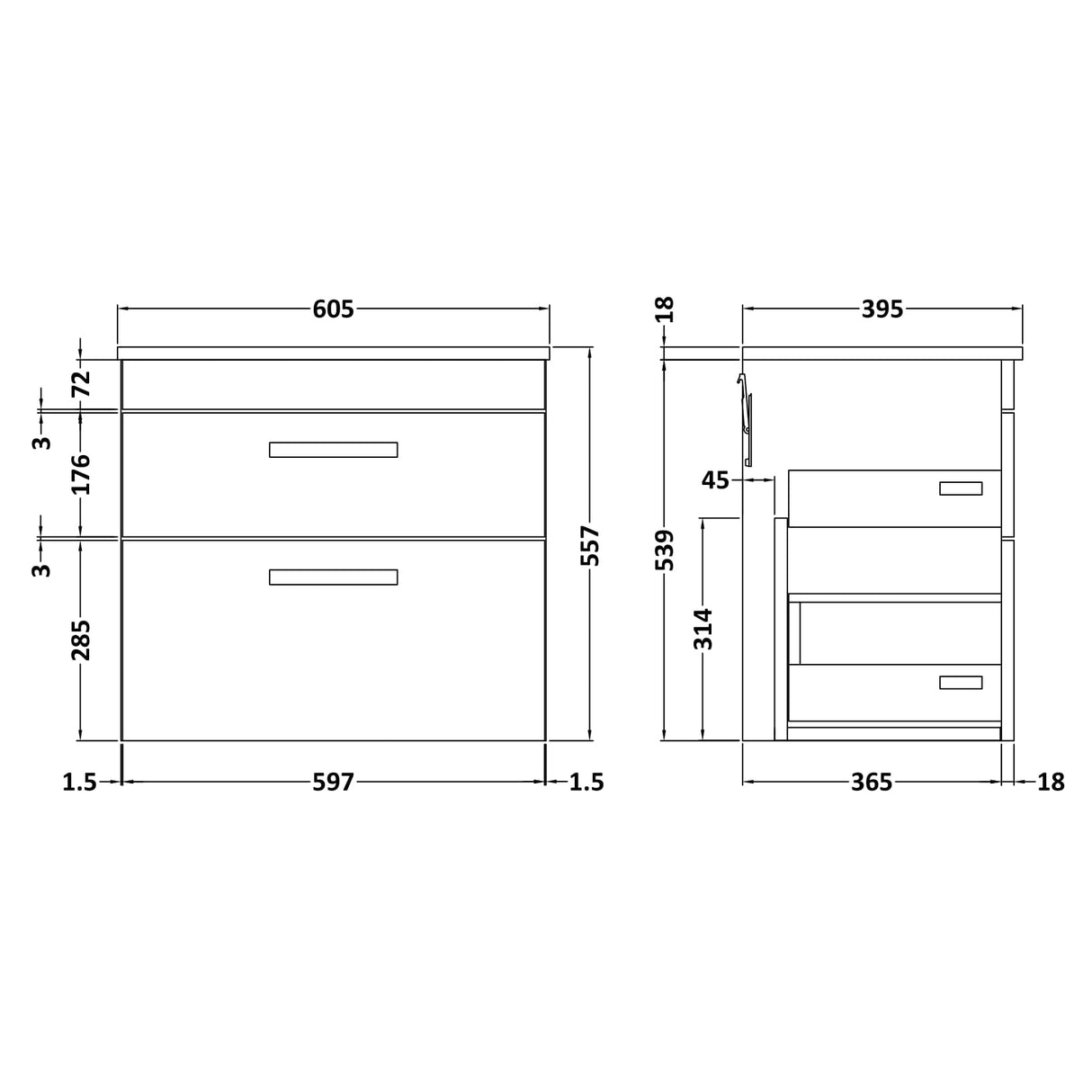 Nuie Athena 600mm Wall Hung 2 Drawer Vanity Unit & Basin Gloss White ATH048B LD