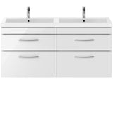 Nuie Athena 1200mm Wall Hung Double Basin Vanity Unit & Basin, 4 Drawers Gloss White ATH048C