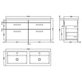 Nuie Athena 1200mm Wall Hung Double Basin Vanity Unit & Basin, 4 Drawers Gloss White ATH048C LD