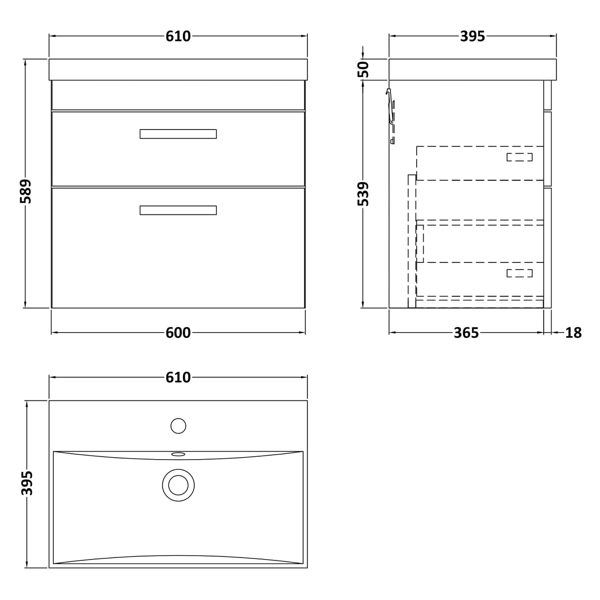 Nuie Athena 600mm Wall Hung 2 Drawer Vanity Unit & Basin Gloss White ATH048D LD