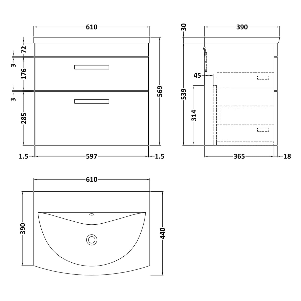 Nuie Athena 600mm Wall Hung 2 Drawer Vanity Unit & Basin Gloss White ATH048G LD