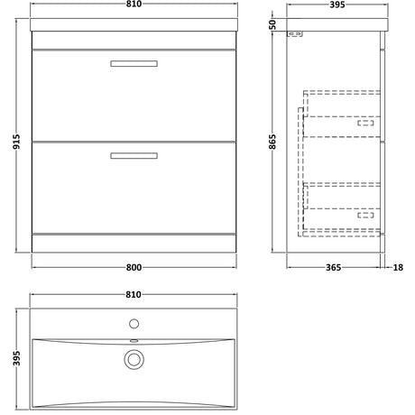 Nuie Athena 800mm Freestanding 2 Drawer Vanity Unit & Basin Anthracite Woodgrain ATH053D LD