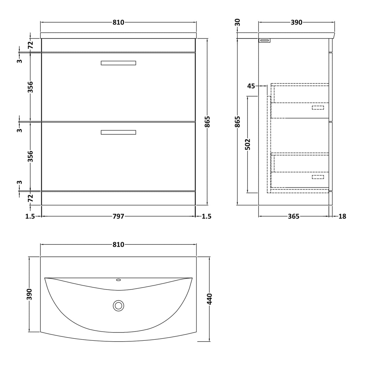 Nuie Athena 800mm Freestanding 2 Drawer Vanity Unit & Basin Gloss White ATH055G LD