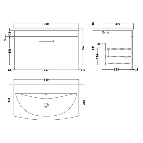 Nuie Athena 800mm Wall Hung 1 Drawer Vanity Unit & Basin Charcoal Black ATH061G LD