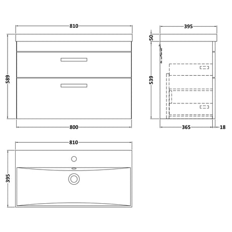 Nuie Athena 800mm Wall Hung 2 Drawer Vanity Unit & Basin Charcoal Black ATH068D LD