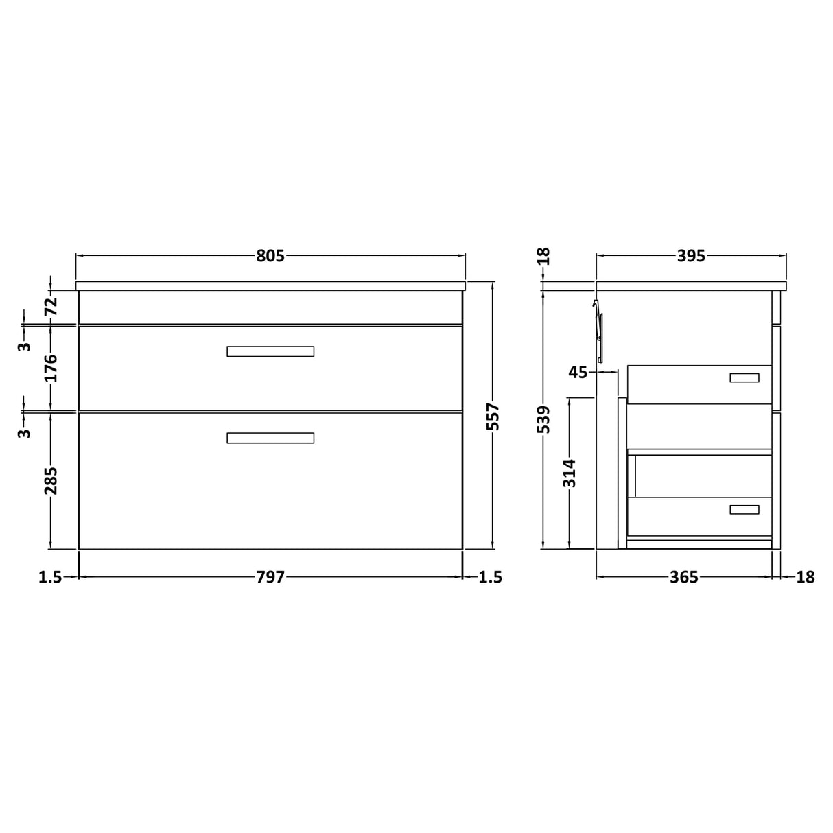 Nuie Athena 800mm Wall Hung 2 Drawer Vanity Unit & Basin Gloss White ATH069B LD