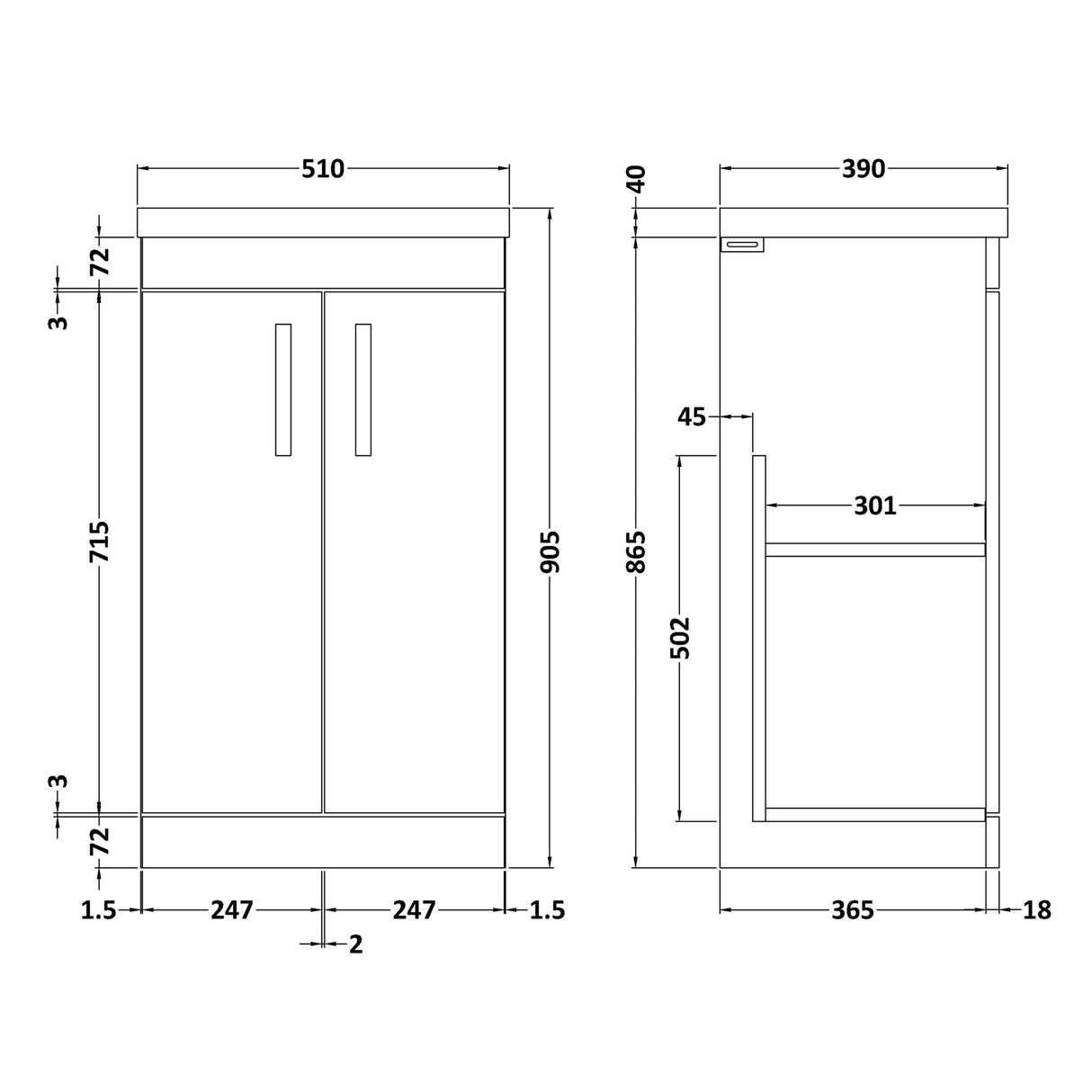 Nuie Athena 500mm Freestanding 2 Door Vanity Unit & Basin Gloss Grey ATH072A LD