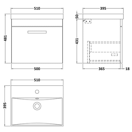 Nuie Athena 500mm Wall Hung 1 Drawer Vanity Unit & Basin Gloss Grey ATH073D LD