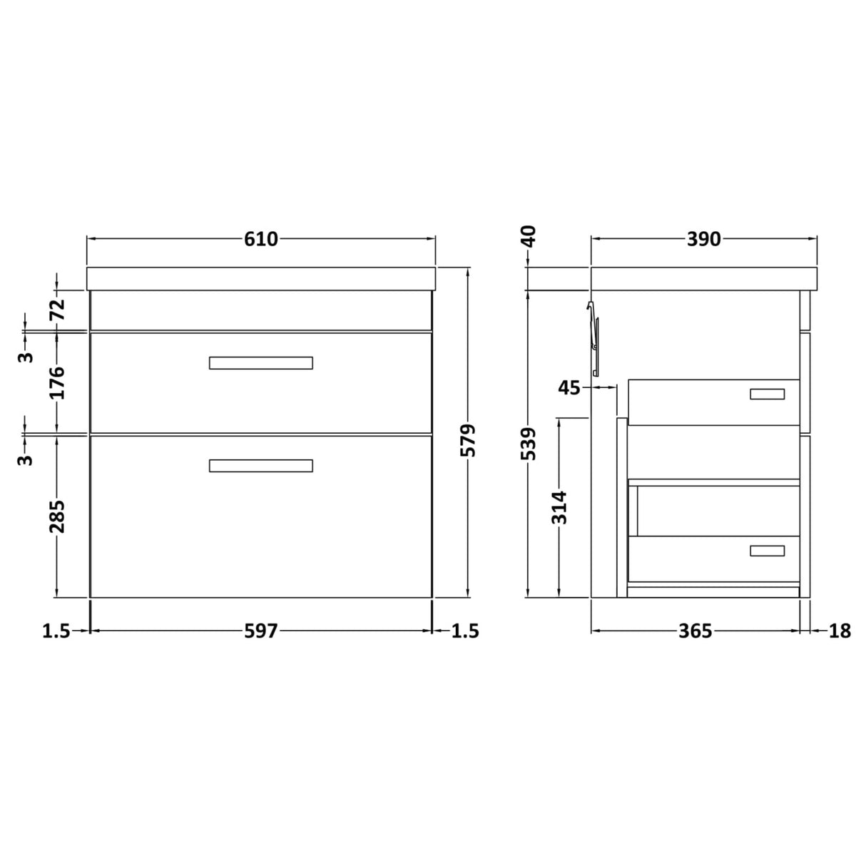 Nuie Athena 500mm Wall Hung 2 Drawer Vanity Unit & Basin Gloss Grey ATH074A LD