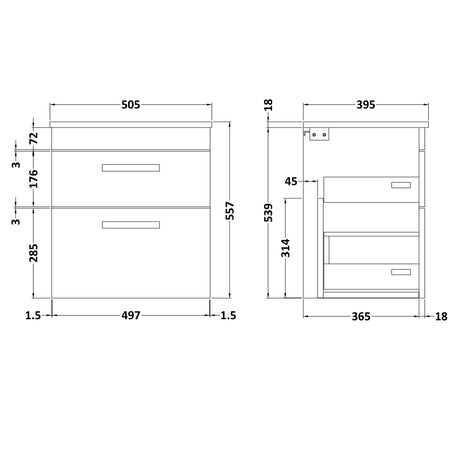 Nuie Athena 500mm Wall Hung 2 Drawer Vanity Unit & Basin Gloss Grey ATH074B LD