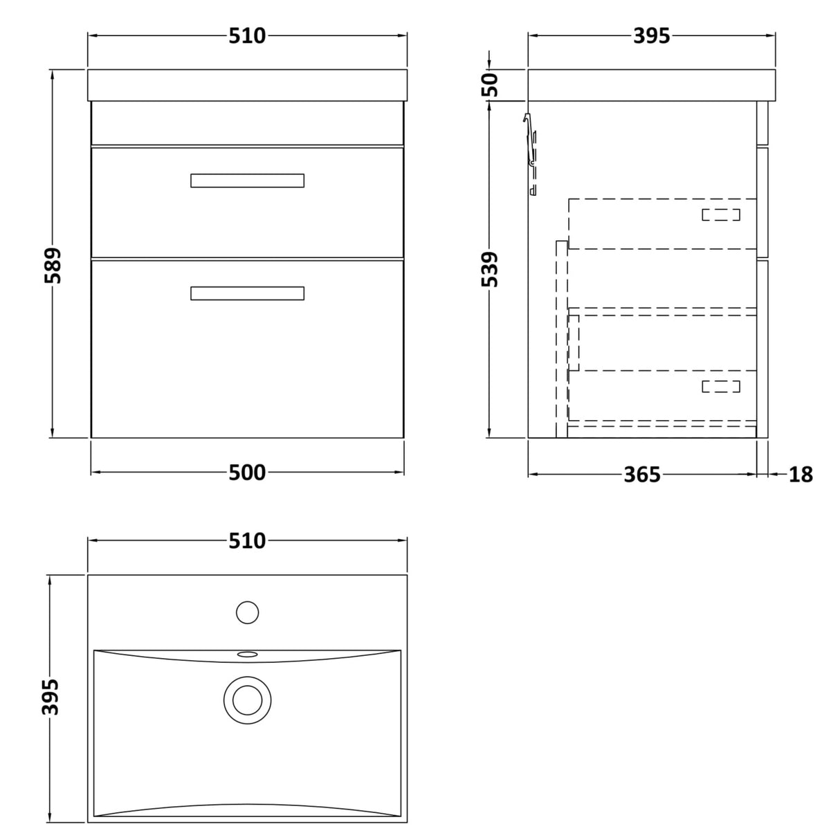 Nuie Athena 500mm Wall Hung 2 Drawer Vanity Unit & Basin Gloss Grey ATH074D LD