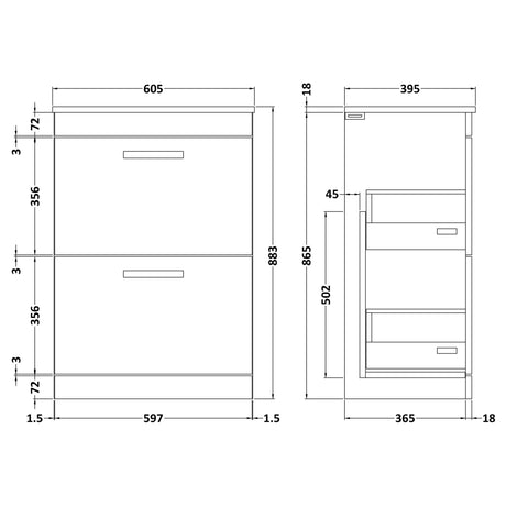 Nuie Athena 600mm Freestanding 2 Drawer Vanity Unit & Basin Gloss Grey ATH076B LD