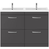 Nuie Athena 1200mm Freestanding Double Basin Vanity Unit & Basin, 4 Drawers Gloss Grey ATH076C