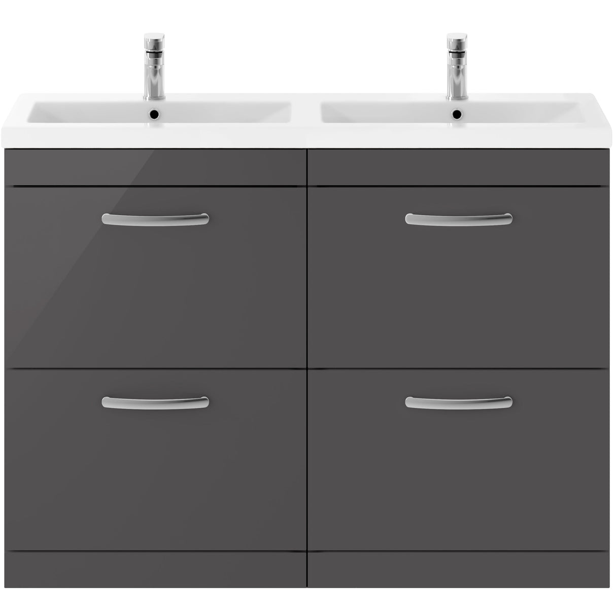 Nuie Athena 1200mm Freestanding Double Basin Vanity Unit & Basin, 4 Drawers Gloss Grey ATH076F