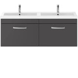 Nuie Athena 1200mm Wall Hung Double Basin Vanity Unit & Basin, 2 Drawers Gloss Grey ATH077C