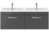 Nuie Athena 1200mm Wall Hung Double Basin Vanity Unit & Basin, 2 Drawers Gloss Grey ATH077F