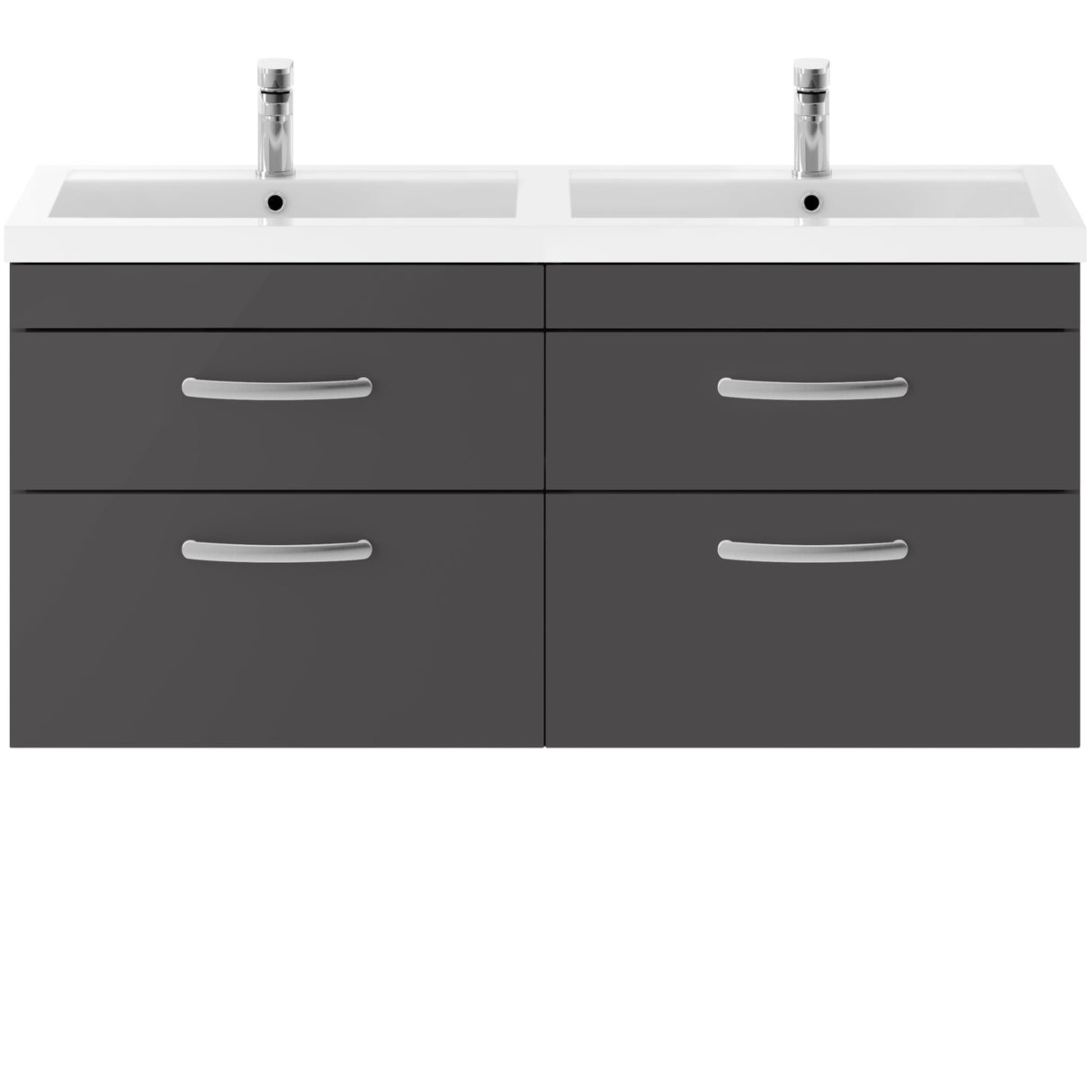 Nuie Athena 1200mm Wall Hung Double Basin Vanity Unit & Basin, 4 Drawers Gloss Grey ATH078C