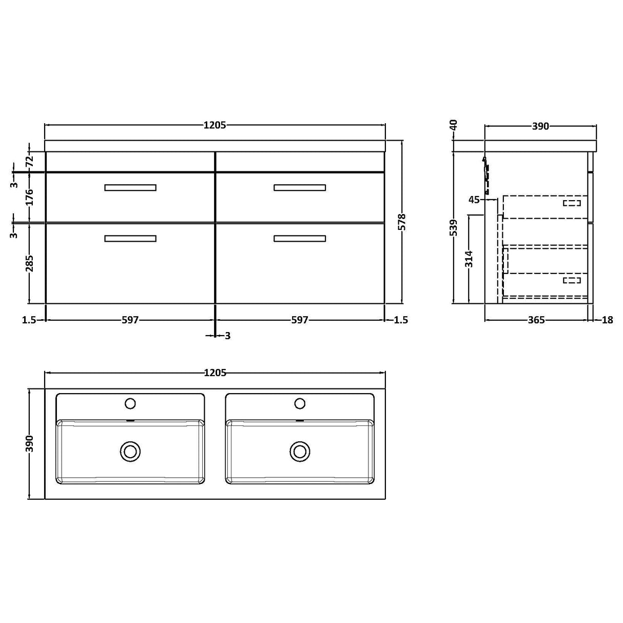 Nuie Athena 1200mm Wall Hung Double Basin Vanity Unit & Basin, 4 Drawers Gloss Grey ATH078C LD