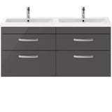 Nuie Athena 1200mm Wall Hung Double Basin Vanity Unit & Basin, 4 Drawers Gloss Grey ATH078F