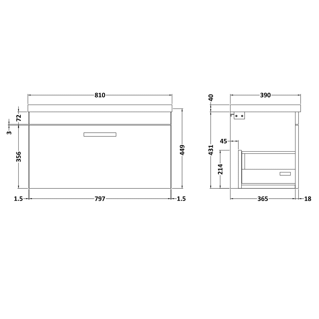 Nuie Athena 800mm Wall Hung 1 Drawer Vanity Unit & Basin Gloss Grey ATH080A LD