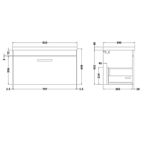 Nuie Athena 800mm Wall Hung 1 Drawer Vanity Unit & Basin Gloss Grey ATH080A LD