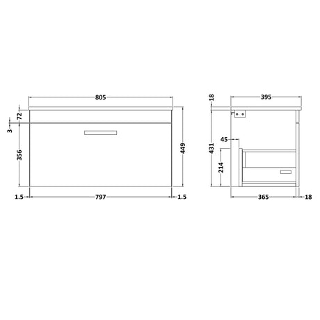 Nuie Athena 800mm Wall Hung 1 Drawer Vanity Unit & Basin Gloss Grey ATH080B LD