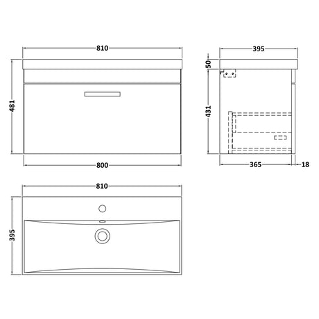 Nuie Athena 800mm Wall Hung 1 Drawer Vanity Unit & Basin Gloss Grey ATH080D LD