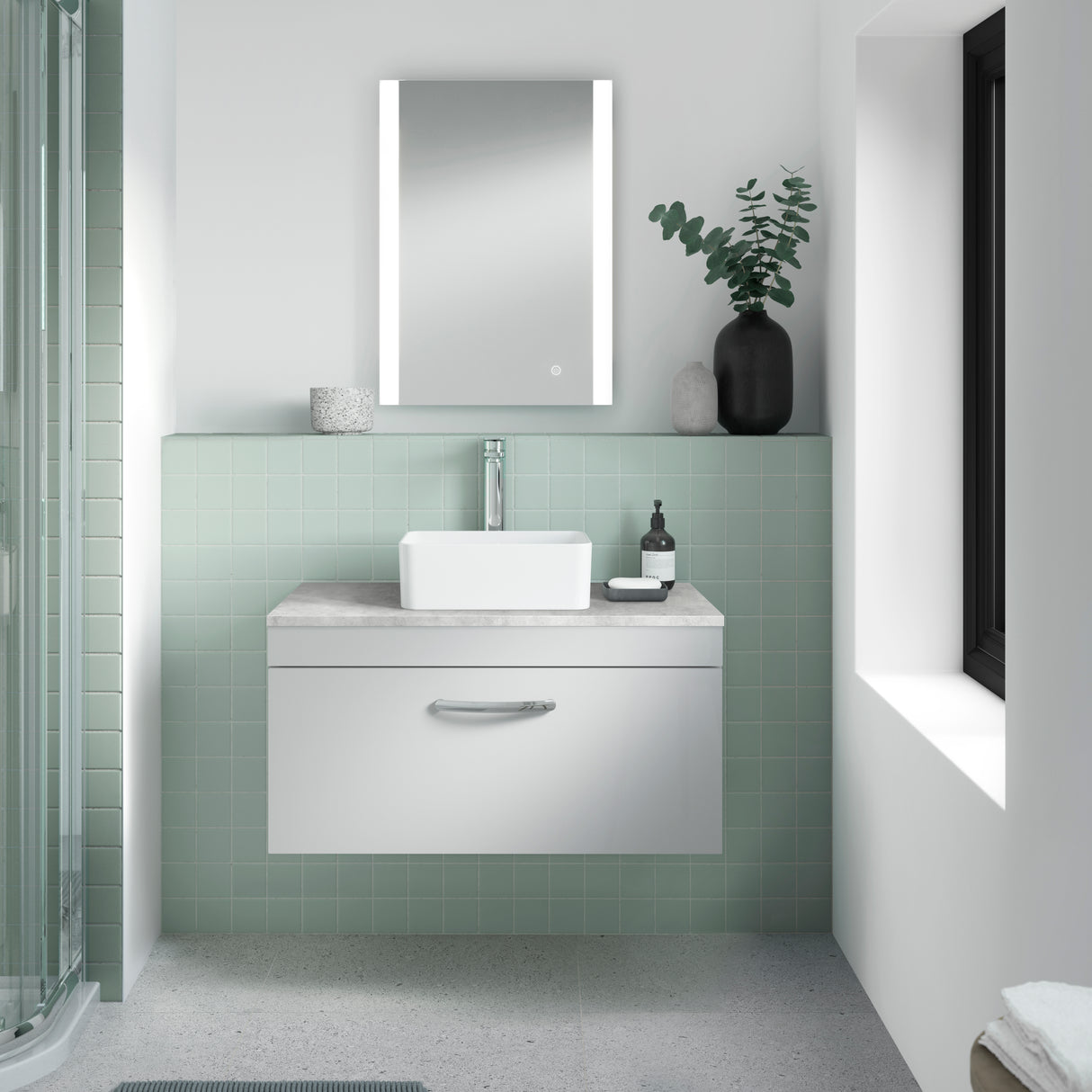 Nuie Castor Ambient Lit LED Touch Sensor Bathroom Mirror H700 x W500mm Silver LQ601 LS