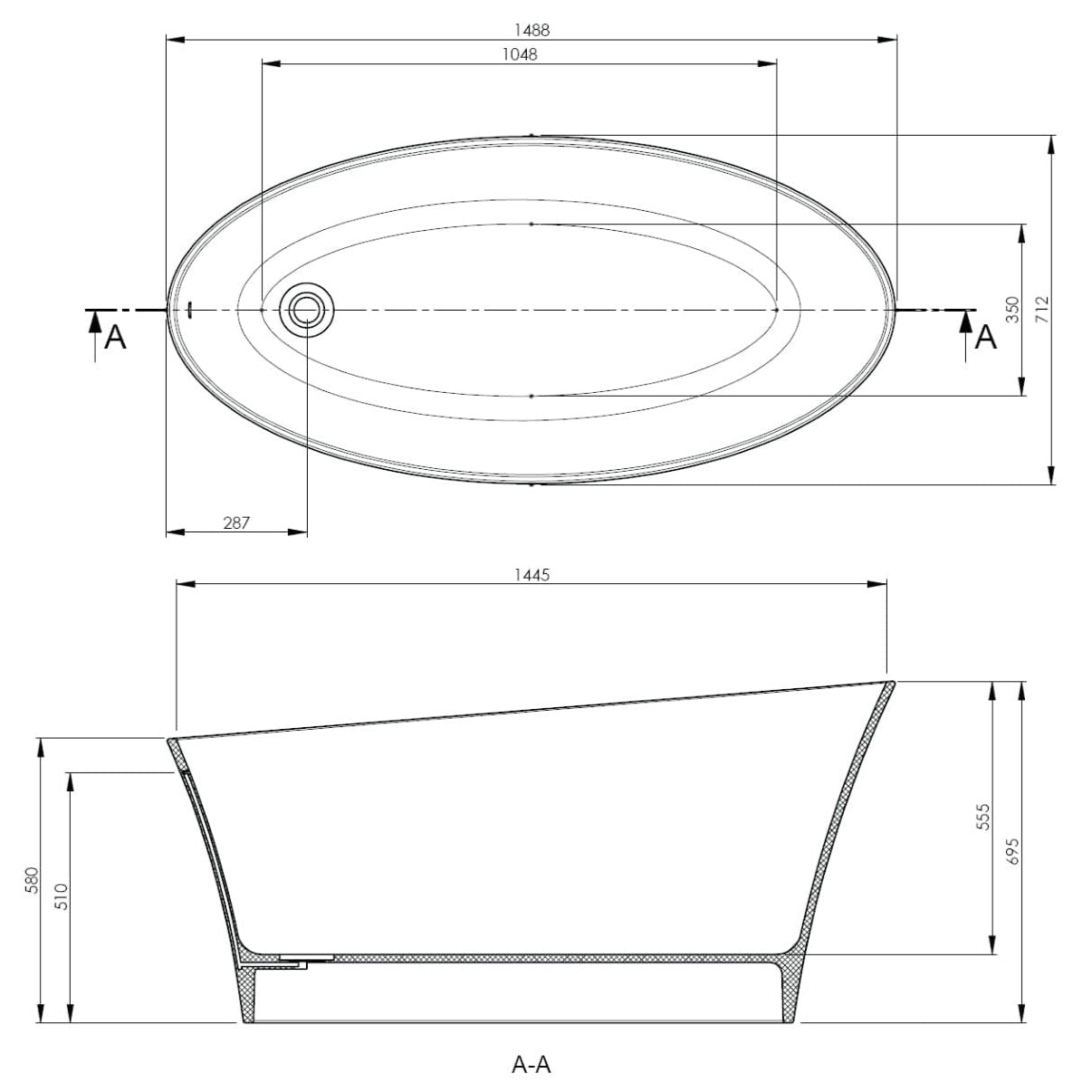 BC Designs Delicata Cian Solid Surface Freestanding Slipper Bath L1520 x W715mm Matt White BAB020MW LD