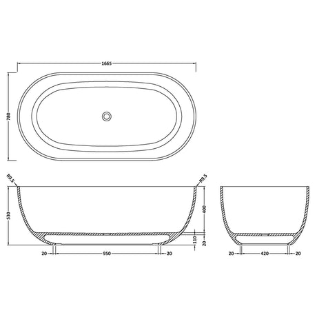 BC Designs Crea Cian Solid Surface Freestanding Bath L1665 x W780mm Powder Blue BAB076B LD
