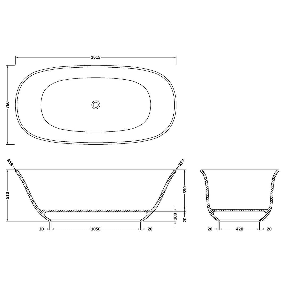 BC Designs Omnia Cian Solid Surface Freestanding Bath L1615 x W760mm Mushroom BAB078M LD