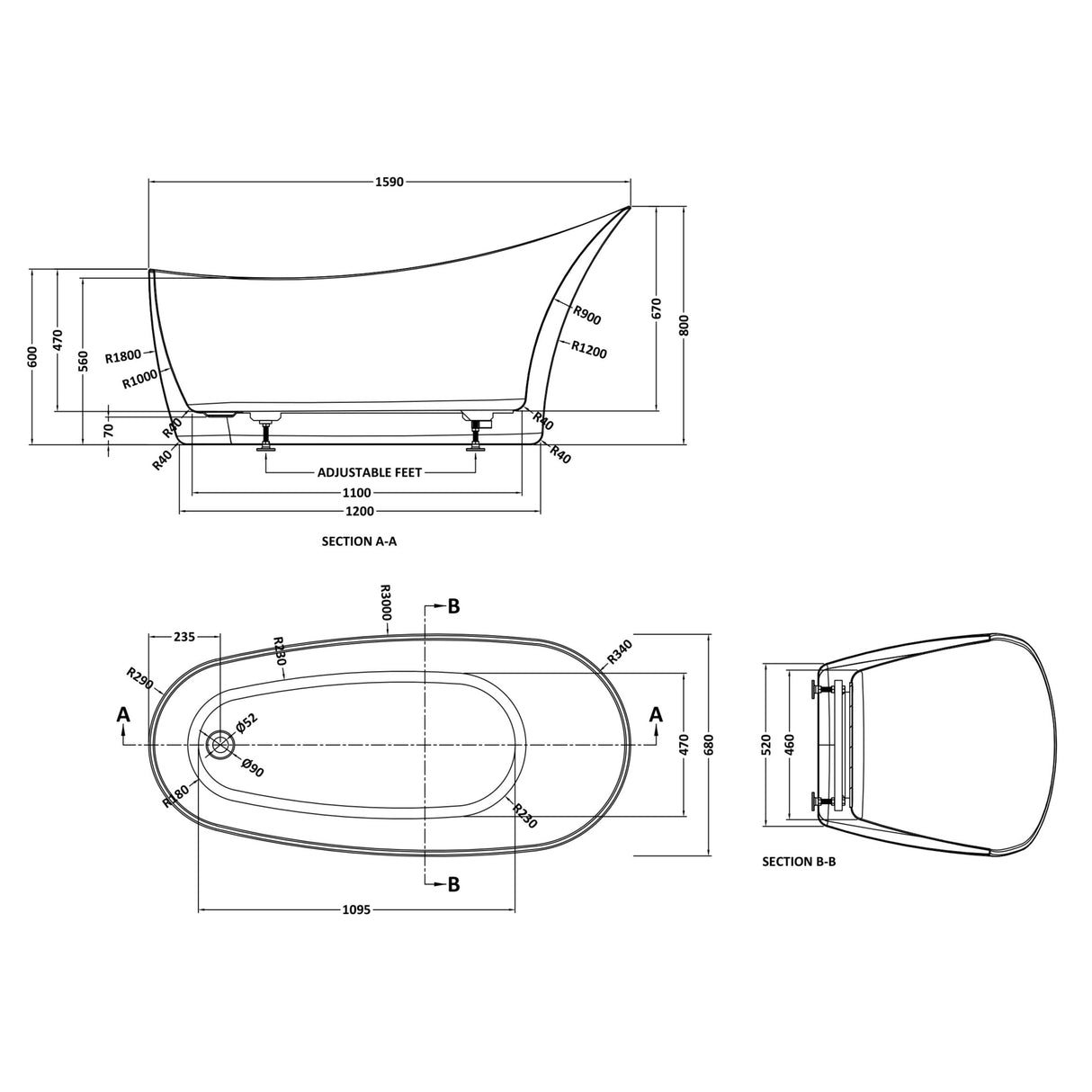 BC Designs Slipp Acrymite Acrylic Freestanding Slipper Bath L1590 x W675mm White BAS035 LD