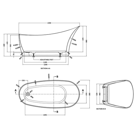 BC Designs Slipp Acrymite Acrylic Freestanding Slipper Bath L1590 x W675mm White BAS035 LD