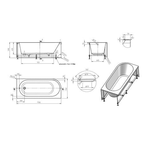 BC Designs Ancorner Acrymite Acrylic Shower Bath L1700 x W750mm Gloss White BAS056 LD