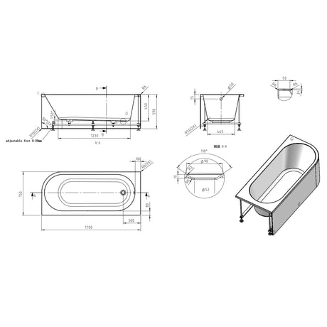 BC Designs Ancorner Acrymite Acrylic Shower Bath L1700 x W750mm Gloss White BAS057 LD
