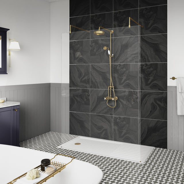 Hudson Reed 8mm Freestanding Wetroom Screen With Arms Brushed Brass BBPAF070 LS