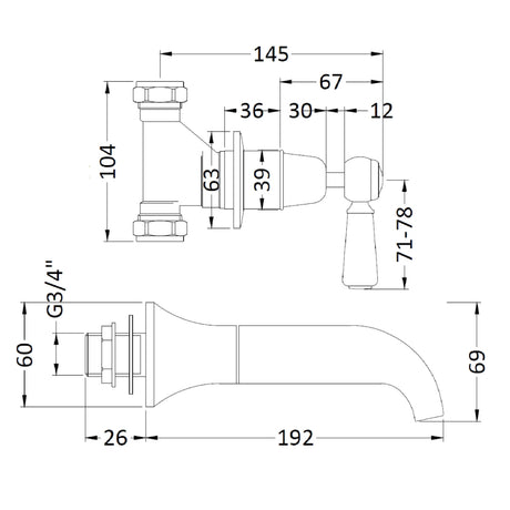 Hudson Reed Topaz Lever 3-Hole Wall Mounted Bath Filler Tap Chrome BC409DL LD