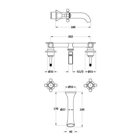 Hudson Reed Topaz Crosshead 3-Hole Wall Mounted Basin Mixer Tap Chrome BC417DX LD